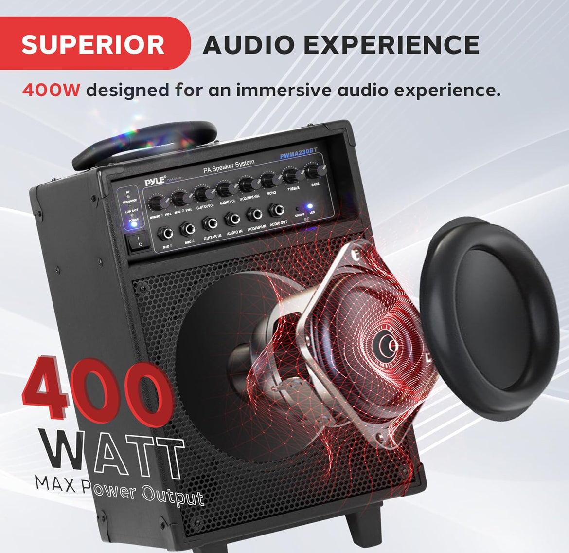 Draadlose Draagbare PA-stelsel-400W Bluetooth-versoenbare Herlaaibare Battery-aangedrewe Buiteklankstereo-luidspreker-mikrofoonstel met handvatsel, wiele-1/4 tot AUX, RCA-kabel