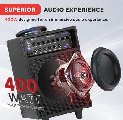 Draadlose Draagbare PA-stelsel-400W Bluetooth-versoenbare Herlaaibare Battery-aangedrewe Buiteklankstereo-luidspreker-mikrofoonstel met handvatsel, wiele-1/4 tot AUX, RCA-kabel