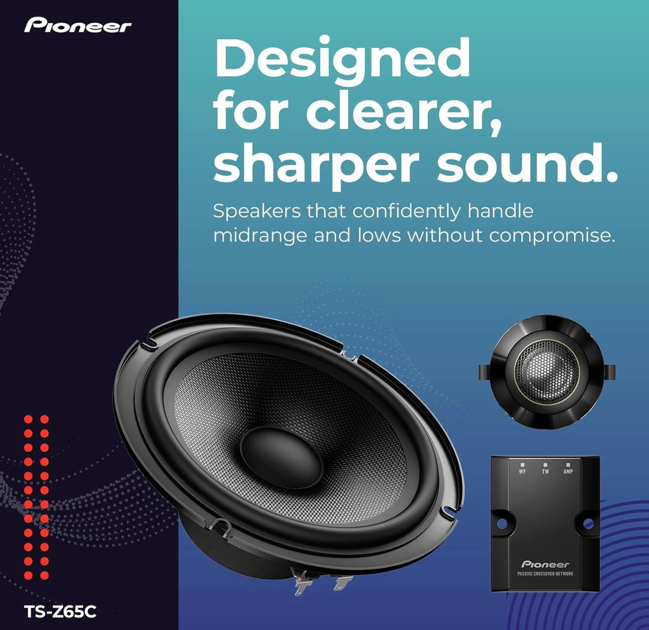 Pioneer TS-Z65C, 2-rigting 6.5 DUIM Kompakte Karoudio Luidsprekers Volreeks, Oop & Gladde Klankgehalte, Verbeterde Bassweergawe