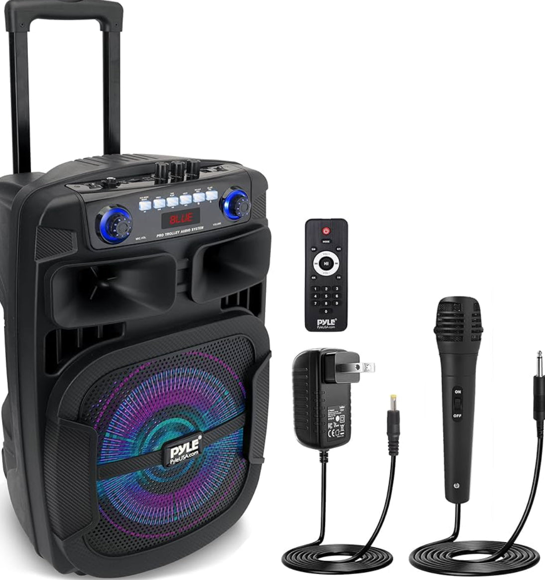 Portable Bluetooth PA Speaker System  800W 12" Outdoor w/ Built-In Party Lights - USB/SD Card Reader, FM Radio, Extendable Handle w/ Wheels - Includes Wired Microphone & Remote