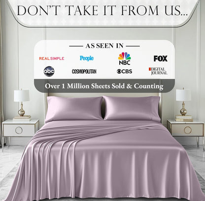 DECOLURE Satin Bed Sheets - 4 Piece Luxury Silky Queen Size Bedding Set - Softer Than Silk, Wrinkle-Free with 15” Deep Pocket Fitted Sheet, Perfect for Hair & Skin, Gifts for Women (Lavender)