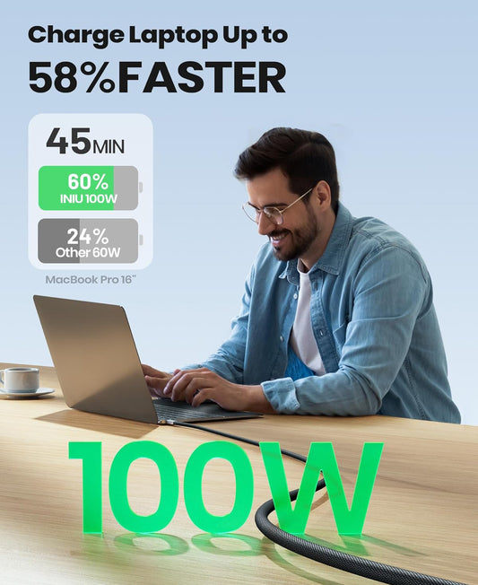 INIU Kort USB C na USB C-kabel, [30 cm, 2-pak] 100W Tipe C-koord vir iPhone 16 Pro Max 15 Plus, Samsung Galaxy S24 Ultra S21 S10e, MacBook, iPad en Meer