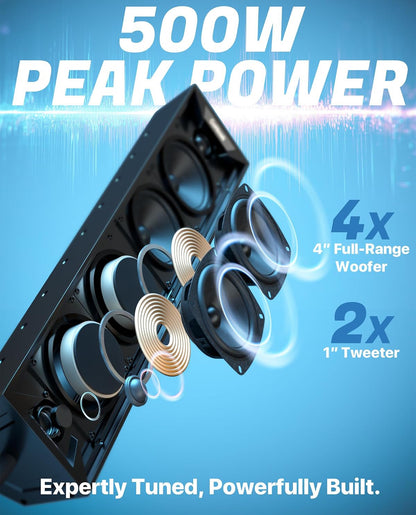 25" 6-Speaker UTV Sound Bar w/ Bluetooth, RGB ATV Soundbar5 00W Peak Power, IP66 Waterproof, FM Radio/USB/AUX, Detachable Remote