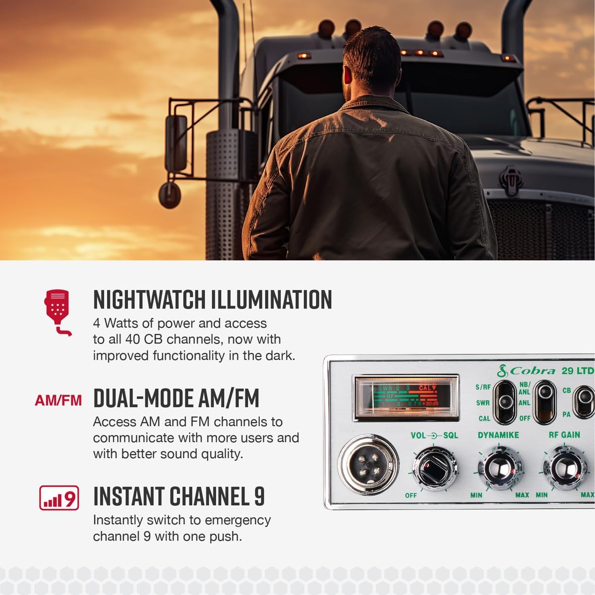 Cobra 29 NW AM/FM Classic Professionele CB Radio - Maklik om te bedien Noodradio, Reisbenodigdhede, Kitskanaal 9/19, Volle 40 Kanale, SWR Kalibrasie en NightWatch Beligting Skerm, Swart