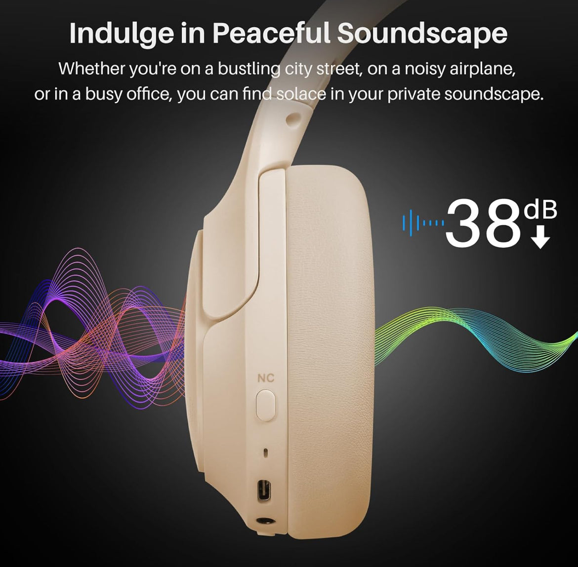 HT2 Hybrid Active Noise Cancelling Headphones, Wireless Over Ear Bluetooth Headset, 60H Playtime - Khaki