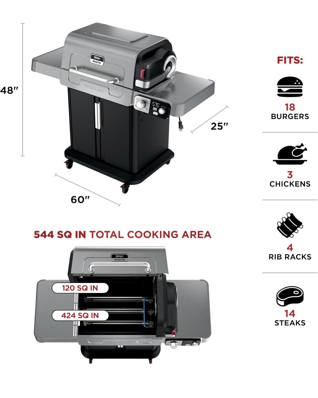 Ninja FlexFlame, Rooster en Roker, Elektriese en Propaanbraaier, Rooster, Braaier, 5-in-1 Kookstelsel, 3 Branders, Digitale Beheer, Buitekook, Bakplaat, Pizzamaker - Vlekvrye Staal (PG301)