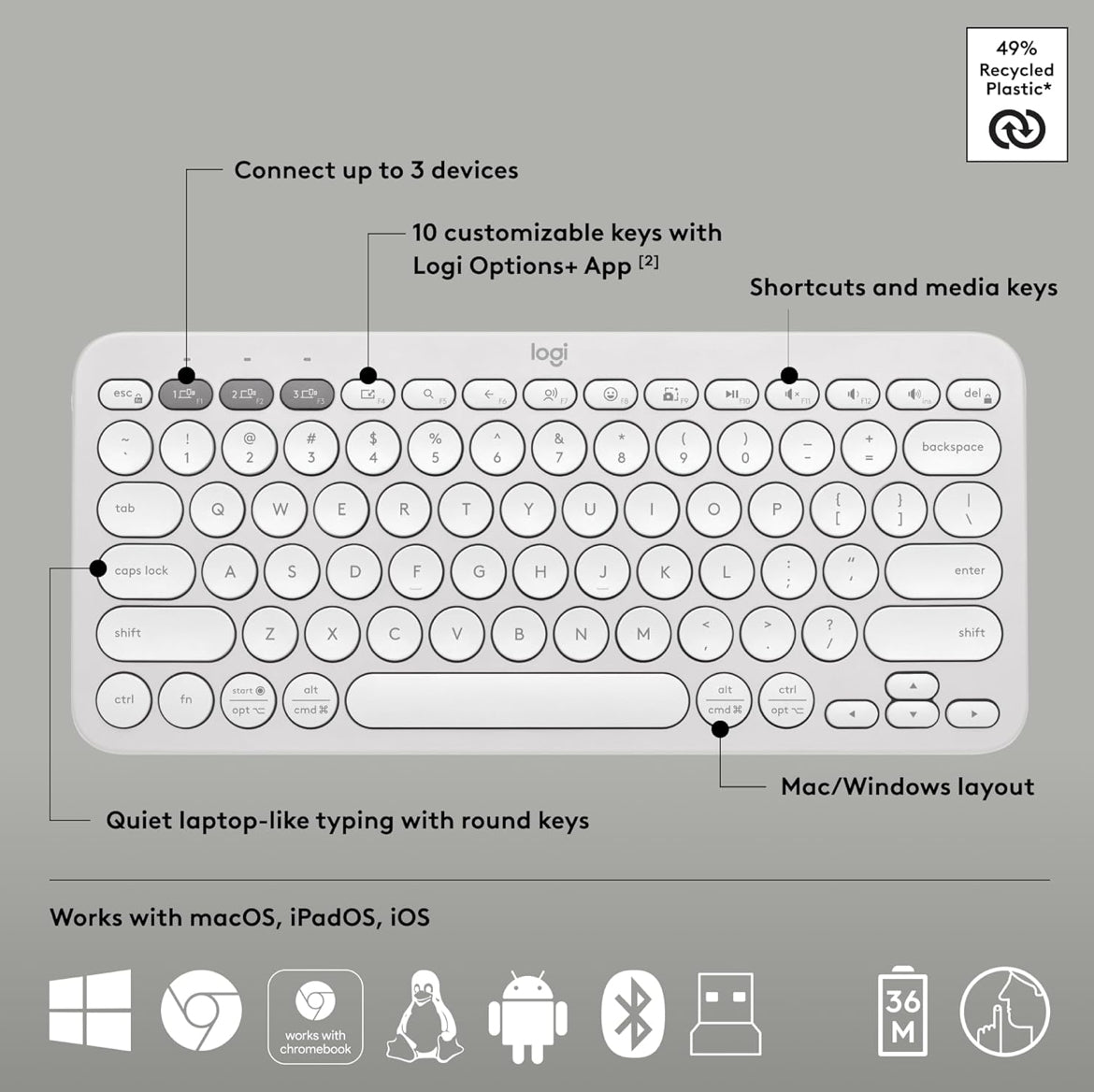 Logitech Pebble 2 Combo, Draadlose Sleutelbord en Muis, Stil en Draagbaar, Aanpasbaar, Logi Bolt, Bluetooth, Maklik-Skakel vir Windows, macOS, iPadOS, Chrome - Tonale Wit