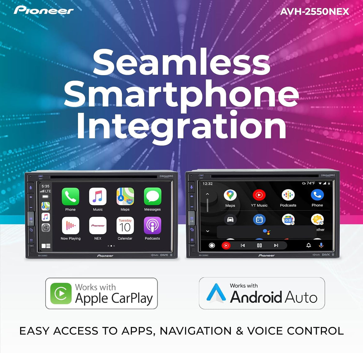 Pioneer AVH-2550NEX 6.8" Capacitive Touchscreen Double Din Car Stereo
DVD Multimedia Receiver, Wired Apple CarPlay & Android Auto, Bluetooth, Backup Camera, SiriusXM, HD Radio, FLAC, Hi-Volt RCA