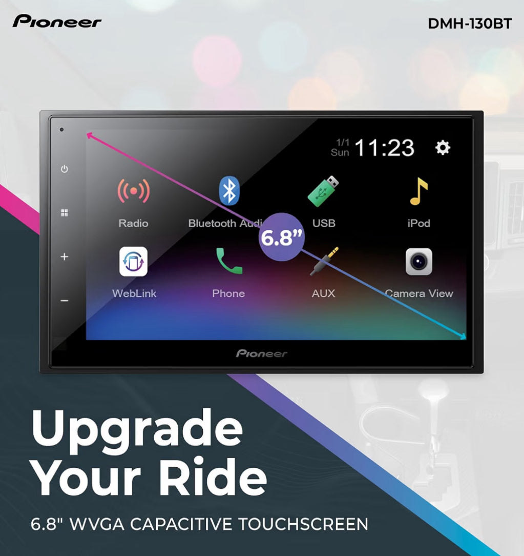 Pioneer DMH-130BT 6.8" Capacitive Touchscreen Double Din Car Stereo
Digital Multimedia Receiver, Bluetooth, Backup Camera, USB, FLAC, AM/FM, Short Chassis, 50W x 4 Output, Steering Wheel Input