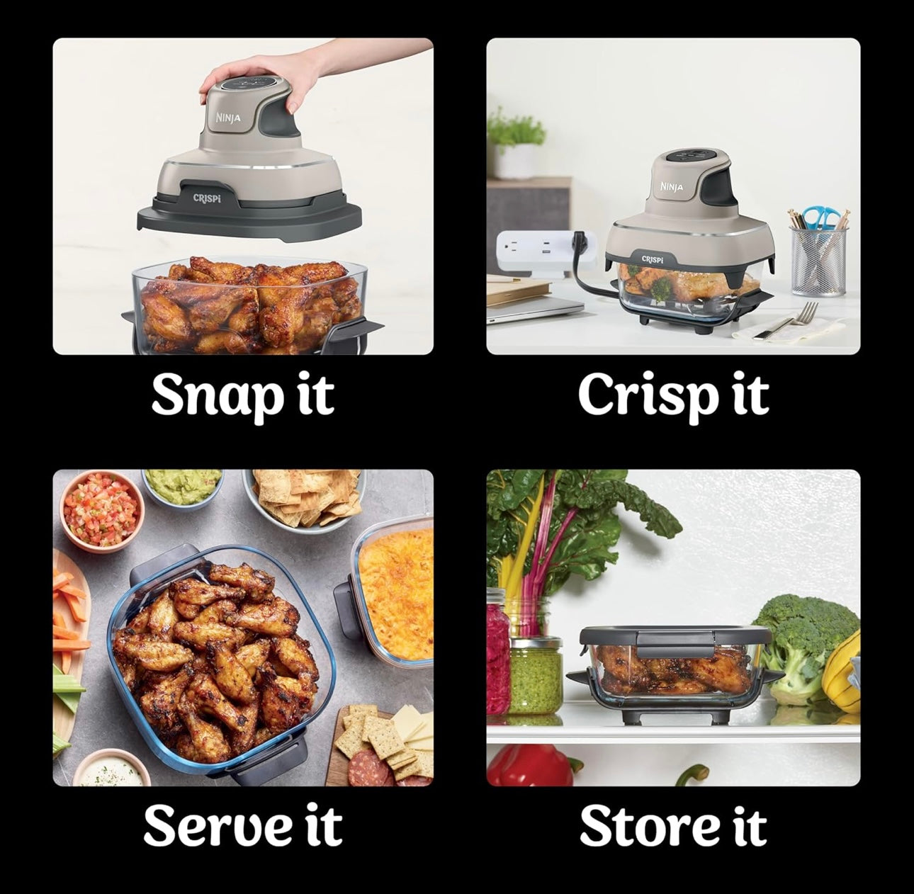 Ninja Crispi Air Fryer, Microwave, Freezer & Dishwasher Safe, Non Toxic Glass Portable Cooking System, 4 QT & 6 Cup Glass Containers with Storage Lids, Easy Meals, Air Fry, Bake, Stone, FN101ST