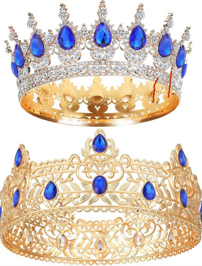 2 Stuks Prom Koning en Koningin Kroon vir Mans Vroue Koning Koningin Kroon Tiara met Strass vir Trou Verjaarsdag Gradeplegtigheid (Blou Goud, Blou Styl)