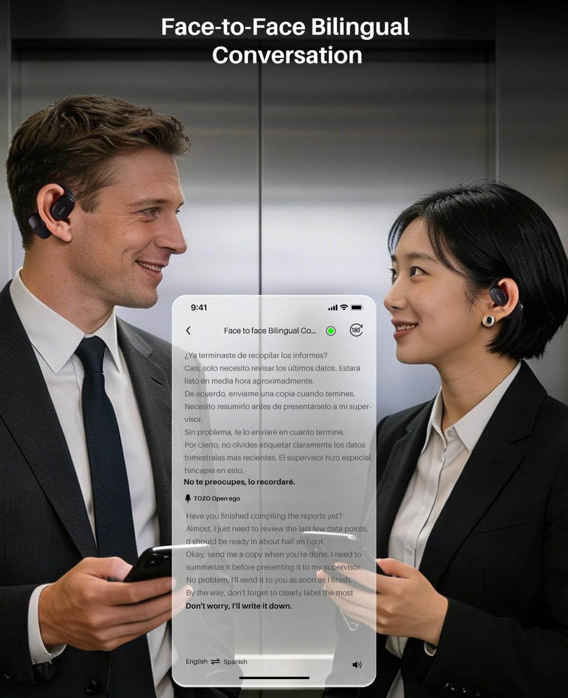 Open Ear Earbuds Bluetooth, AI Translation w/ Real-Time 100+ Languages Translation - Black