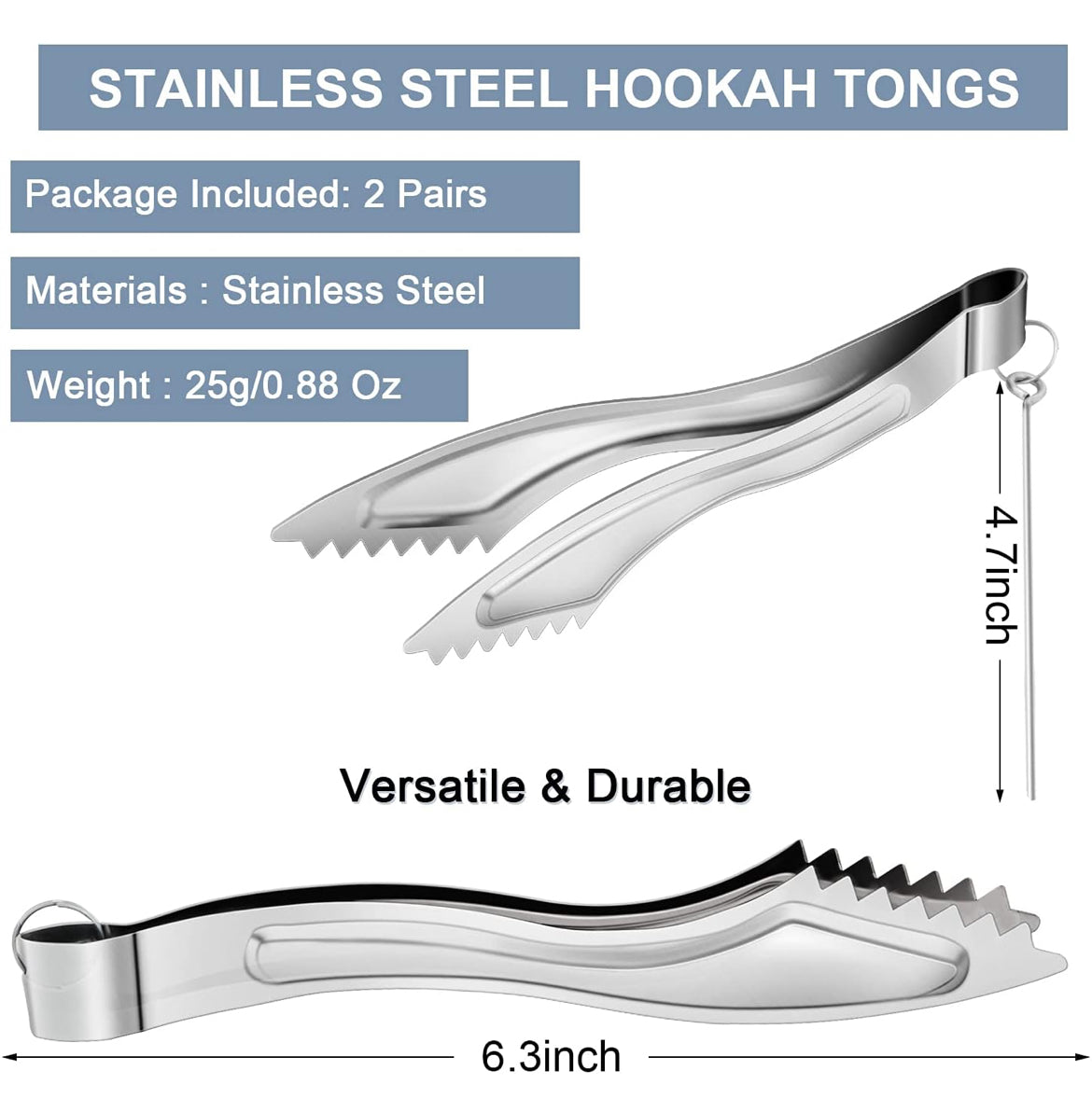 Hookah Tongs Thick Stainless Steel Hookah Coal Tongs with Foil Poker 6.3" Long Sturdy Heavy Duty Hookah Accessories for Smoking Shisha Charcoal BBQ Kitchen Home Tools 2 Pairs (Silvery)