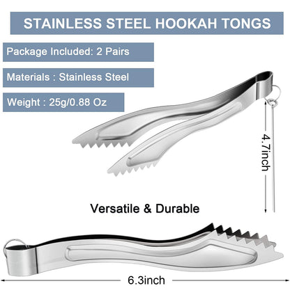 Hookah Tongs Thick Stainless Steel Hookah Coal Tongs with Foil Poker 6.3" Long Sturdy Heavy Duty Hookah Accessories for Smoking Shisha Charcoal BBQ Kitchen Home Tools 2 Pairs (Silvery)