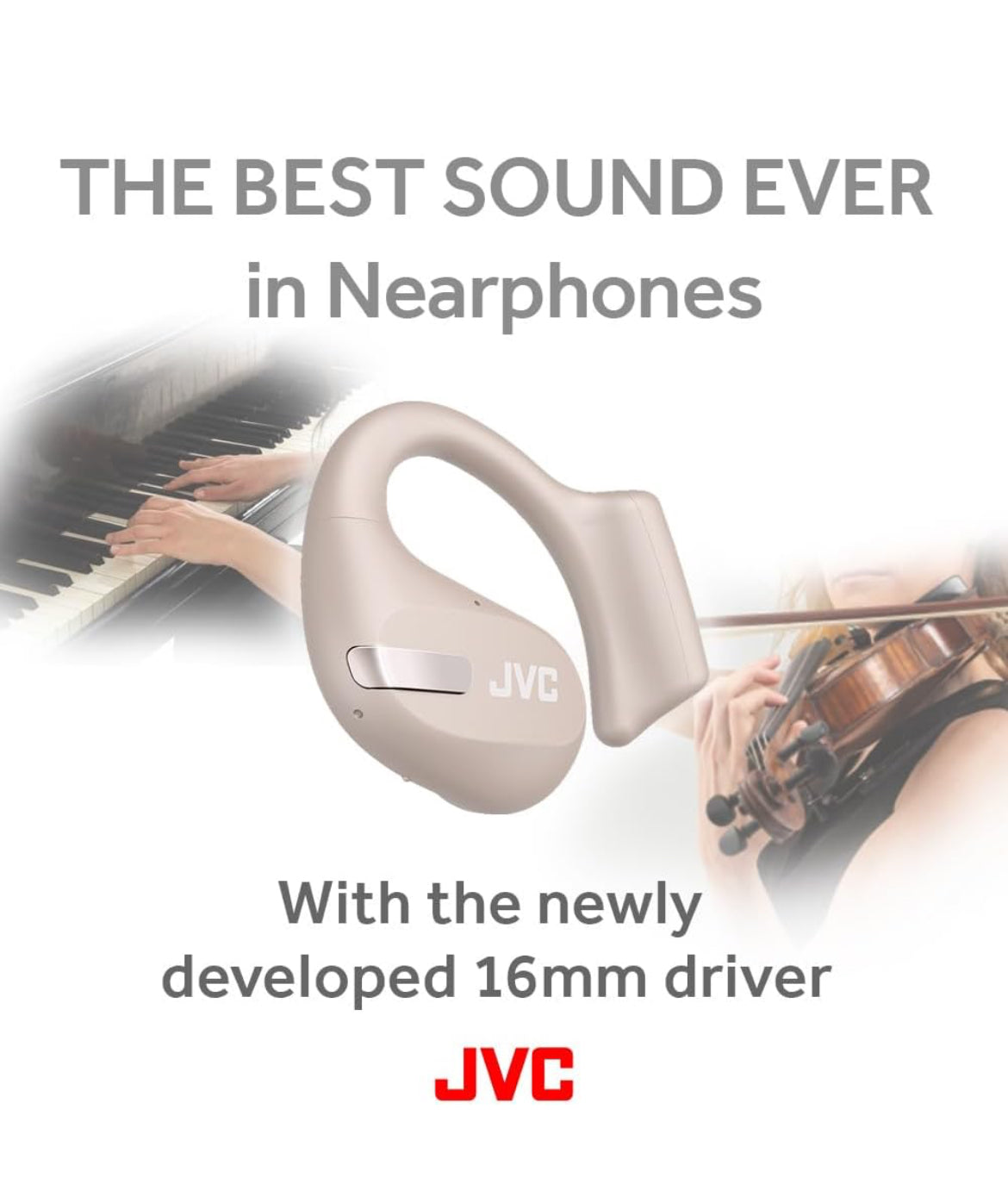 JVC Nuwe Oopoor Ware Koordlose Oorfone met 16mm Groot Drywers vir Kragtige Klank, Enkeloor-gebruik, Kompakte Grootte, en Lang Batterylewe (tot 38 Uur) - HANP50TC (Beige)