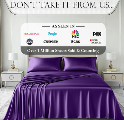 DECOLURE Satin Bed Sheets - 4 Piece Luxury Silky Queen Size Bedding Set - Softer Than Silk, Wrinkle-Free with 15” Deep Pocket Fitted Sheet, Perfect for Hair & Skin, Gifts for Women (Purple)