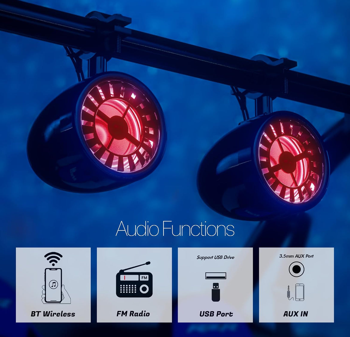 Sound System 600W UTV Speakers 5" Sound Bar 4 speakers (2 woofers + 2 tweeters). Bluetooth/FM/USB/AUX input. Fits 1.5-2in roll bars