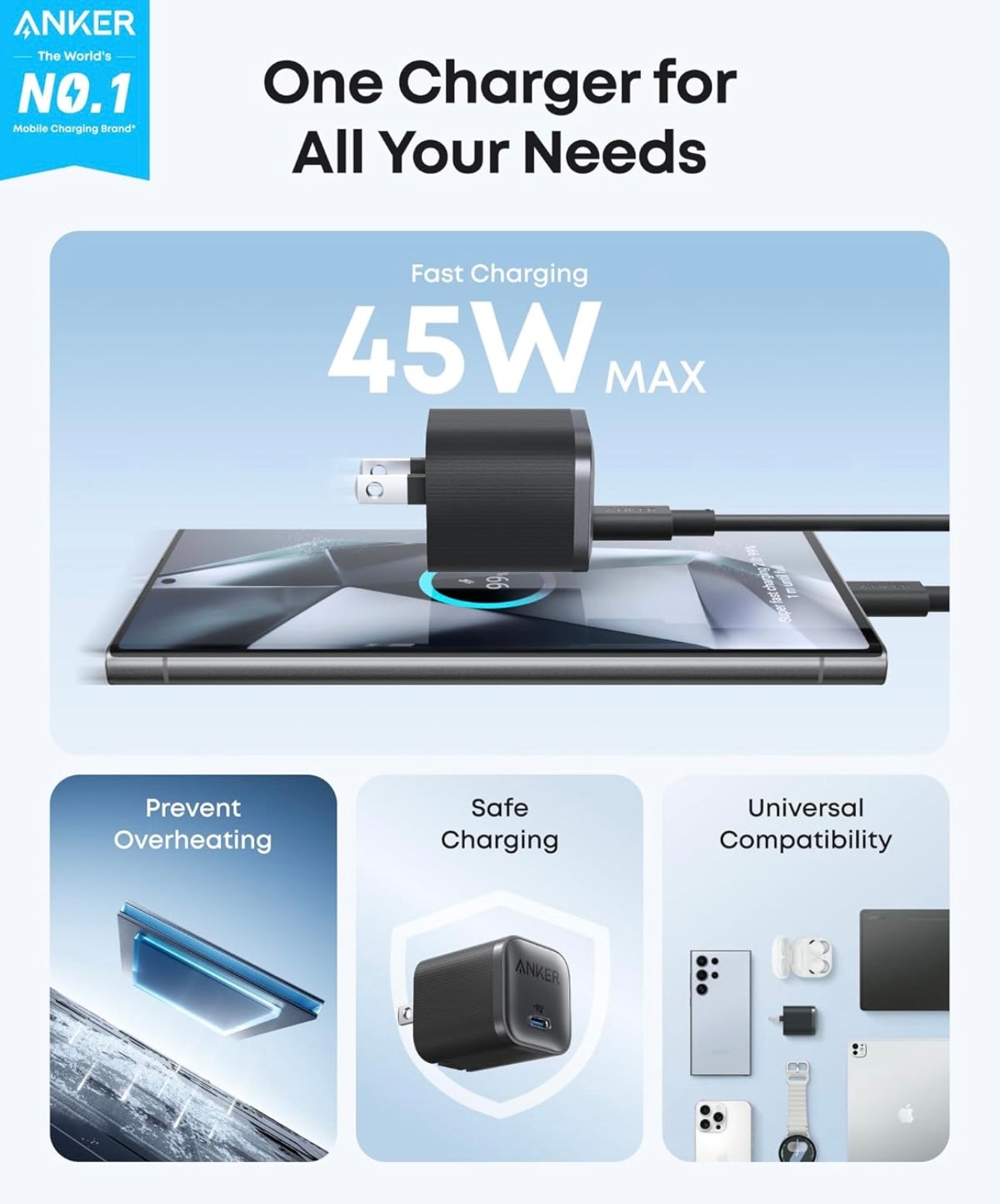 Anker Nano 45W Type C Charger Fast Charging, Compact and Foldable Plug - (6 ft Cable Included)