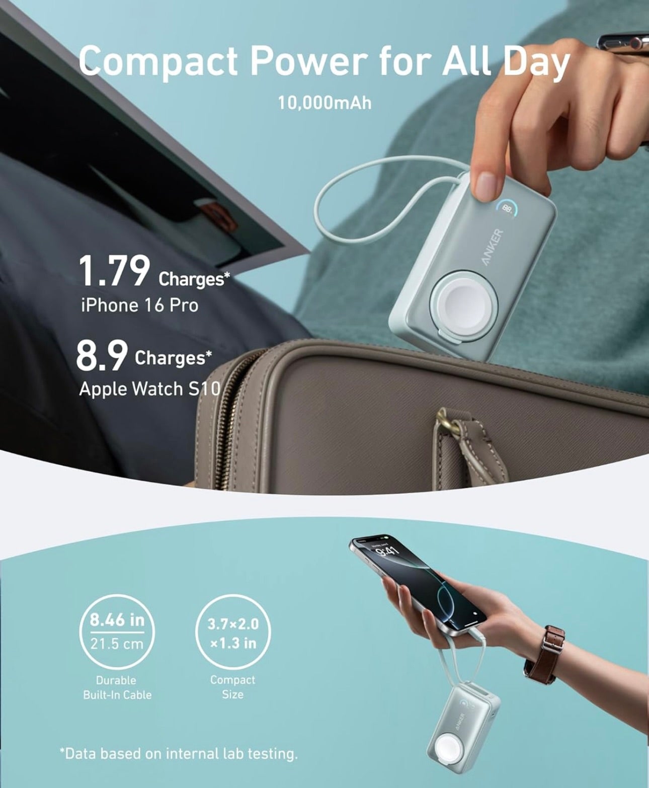 Anker MagGo Power Bank for Apple Watch, Officially Certified, 10,000 mAh Compact Battery - Green
