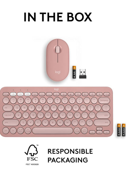 Logitech Pebble 2 Combo, Draadlose Sleutelbord en Muis, Stil en Draagbaar, Aanpasbaar, Logi Bolt, Bluetooth, Maklike Skakeling vir Windows, macOS, iPadOS, Chrome - Tonal Rose