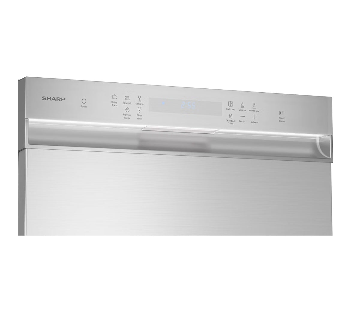 Sharp SDW6504MS Stainless Steel Dishwasher, 24-inch Pocket Handle, 52 dB, Hybrid Tub, 12 Place Settings, 5 Cycles, Heated Dry