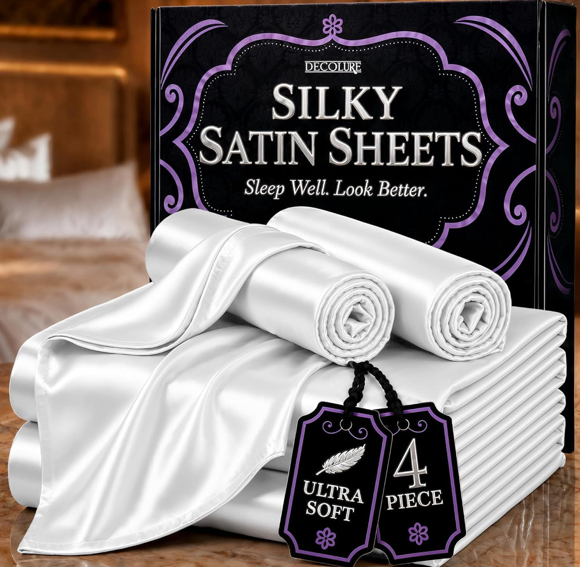 DECOLURE Satin Bed Sheets - 4 Piece Luxury Silky Queen Size Bedding Set - Softer Than Silk, Wrinkle-Free with 15” Deep Pocket Fitted Sheet, Perfect for Hair & Skin, Gifts for Women (White)
