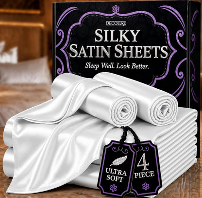 DECOLURE Satin Bed Sheets - 4 Piece Luxury Silky Queen Size Bedding Set - Softer Than Silk, Wrinkle-Free with 15” Deep Pocket Fitted Sheet, Perfect for Hair & Skin, Gifts for Women (White)