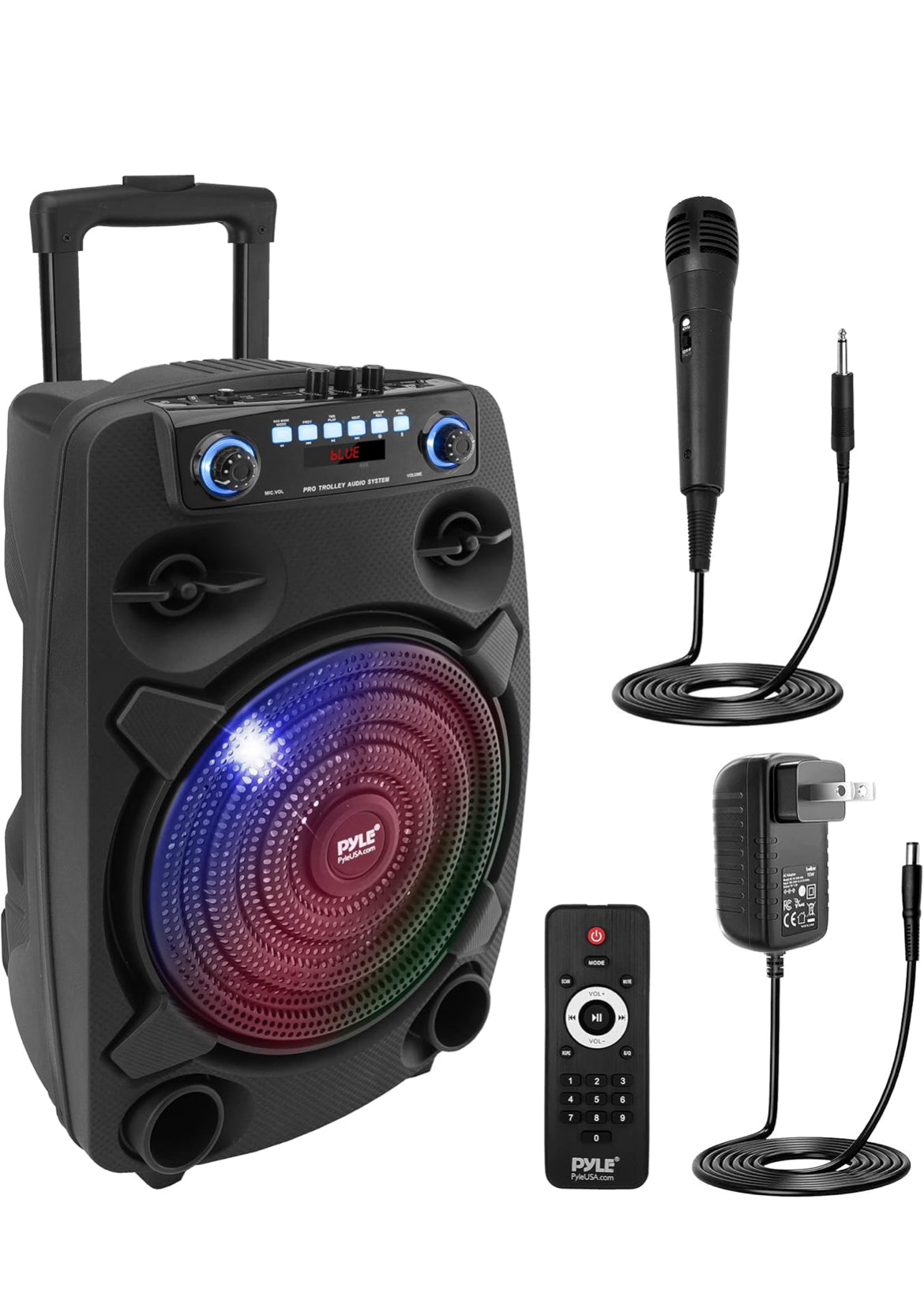 Portable Bluetooth PA Speaker System 800W 12” Outdoor - Party Lights, USB SD Card Reader, FM Radio, Rolling Wheels - Wired microphone, Remote