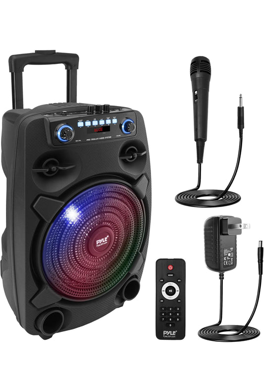 Portable Bluetooth PA Speaker System 800W 12” Outdoor - Party Lights, USB SD Card Reader, FM Radio, Rolling Wheels - Wired microphone, Remote