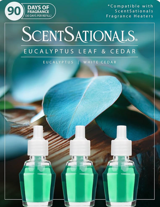 ScentSationals Eucalyptus Leaf & Cedar Fragrance Oil Plug In Air Freshener Refills 3-Pack - Works w/ Scentsationals Wall Plugs - Packaging May Vary