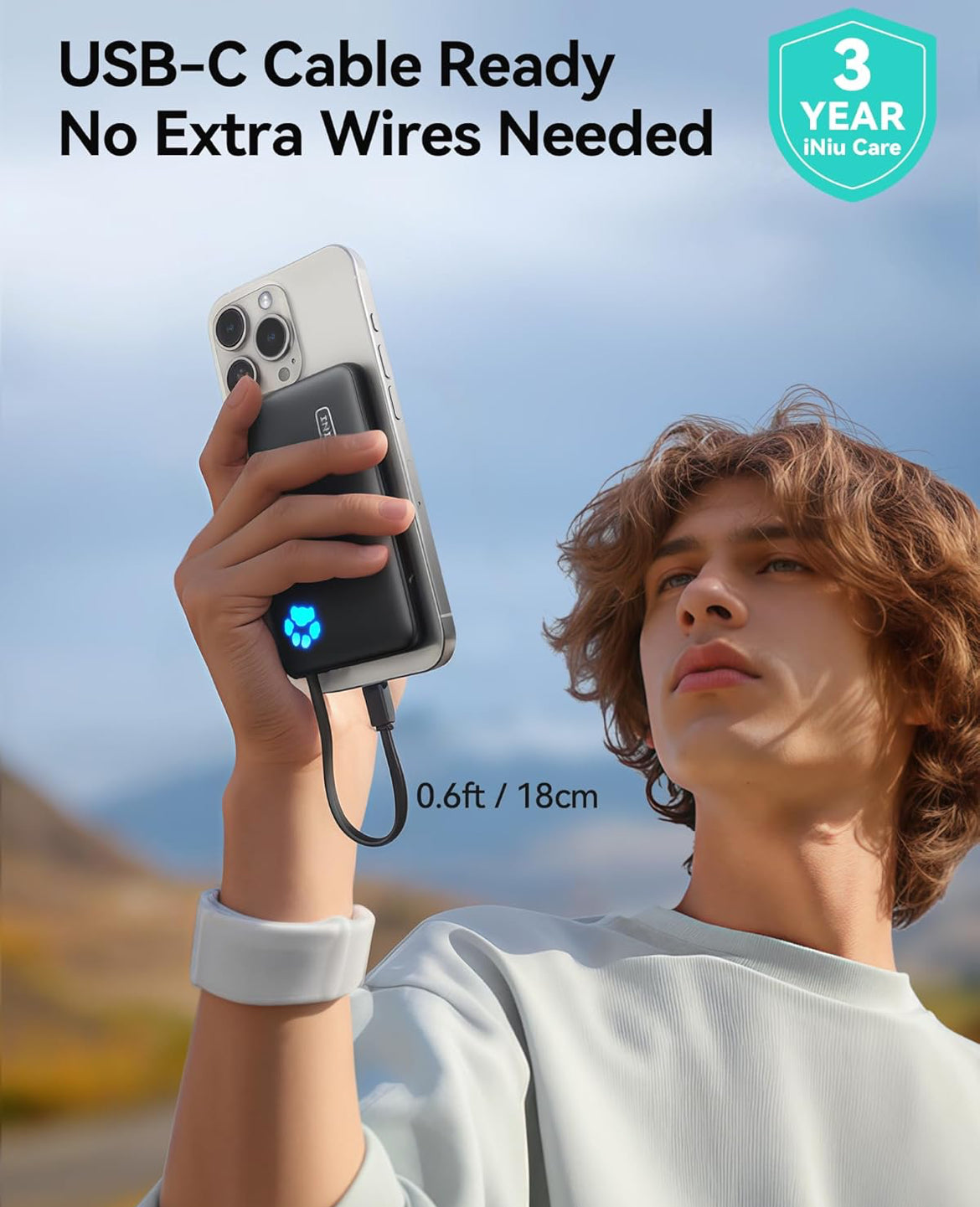 INIU Portable Charger, Slim 10000mAh Power Bank with Build in USB-C Cable, 20W Fast Charging Small Phone Charger, Flight Cruise Ship Trip Accessories Essentials for College Student Teen Boy Girl, Blue