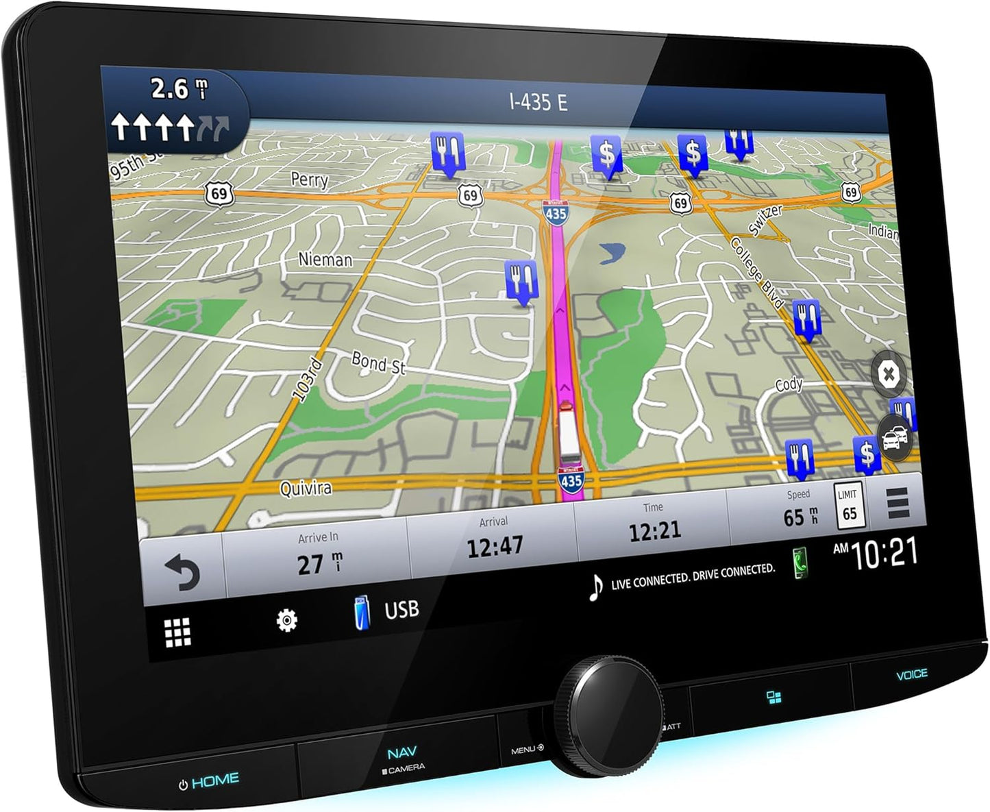 Kenwood GPS-navigasiestelsel 10.1"-multimedia-ontvanger; 10.1"-hoëdefinisie-monitor met kapasitiewe raakpaneel; Apple CarPlay; Android Auto gereed; Ingeboude Bluetooth; HD-radio; Wi-Fi