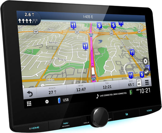 Kenwood GPS-navigasiestelsel 10.1"-multimedia-ontvanger; 10.1"-hoëdefinisie-monitor met kapasitiewe raakpaneel; Apple CarPlay; Android Auto gereed; Ingeboude Bluetooth; HD-radio; Wi-Fi