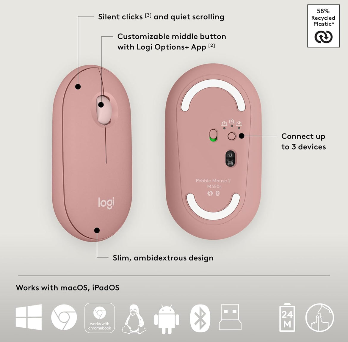 Logitech Pebble 2 Combo, Draadlose Sleutelbord en Muis, Stil en Draagbaar, Aanpasbaar, Logi Bolt, Bluetooth, Maklike Skakeling vir Windows, macOS, iPadOS, Chrome - Tonal Rose