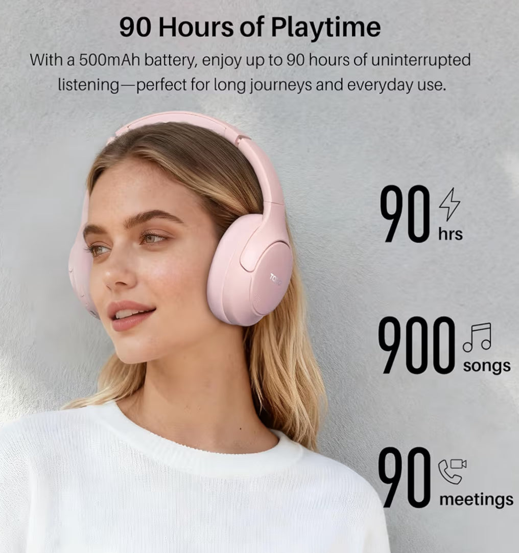 HT3 Hybrid Noise Cancelling Headphones, 90H Battery Life Over Ear Bluetooth 6.0 Foldable Headset, AI Voice Assistant - Pink