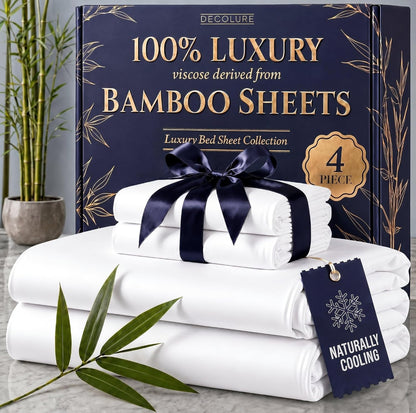 DECOLURE 100% Viscose Derived from Bamboo Sheets Queen Size - Luxury 4 Pc Naturally Cooling Sheets, Ultra Soft Bed Set - Deep 17" Pockets, Durable Double Stitching, Oeko Tex Standard (White)