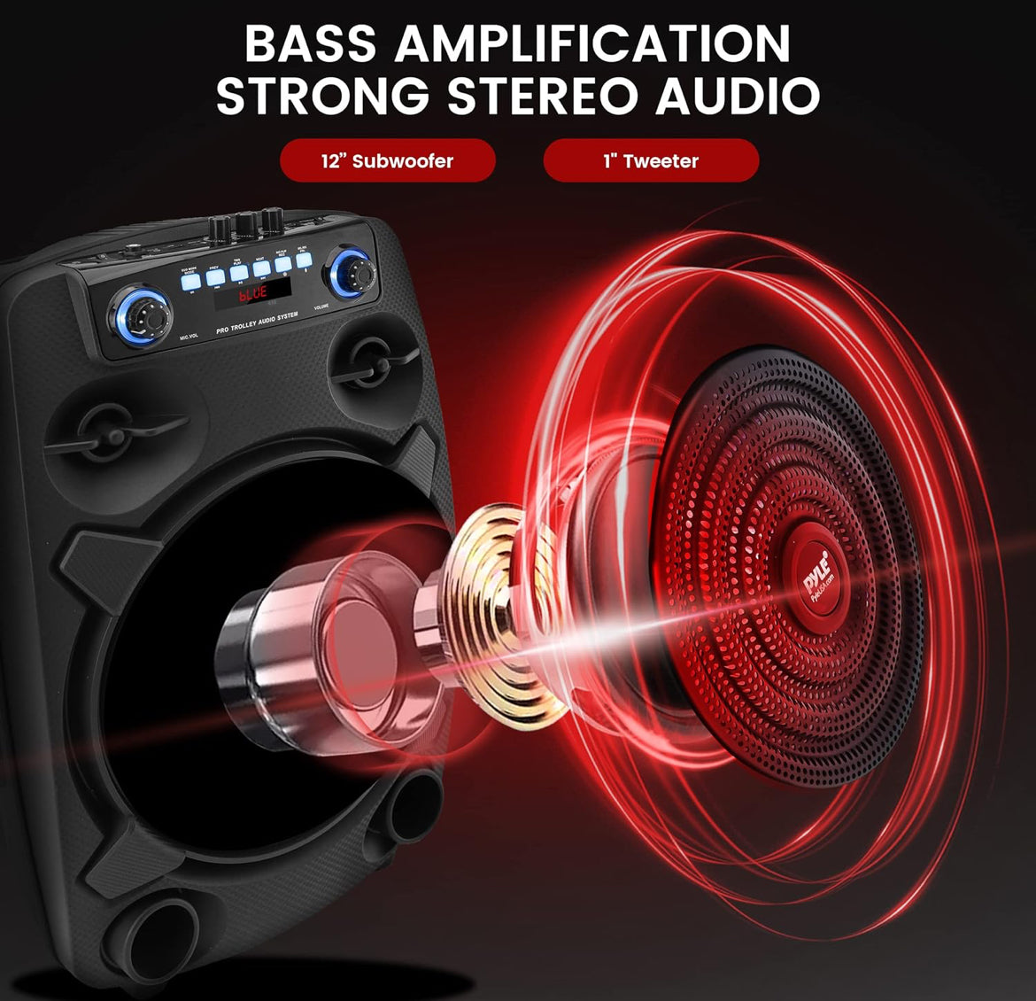 Portable Bluetooth PA Speaker System 800W 12” Outdoor - Party Lights, USB SD Card Reader, FM Radio, Rolling Wheels - Wired microphone, Remote