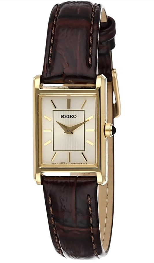 SEIKO Essentials Horlosie Waterbestand met Vlekvrye Staal Reghoekige Kas en Leerband - SJAMPANJE