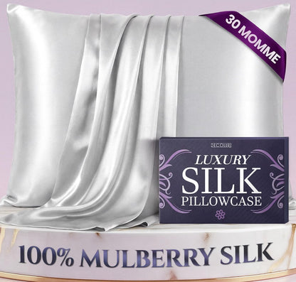 DECOLURE 100% Pure Mulberry Silk Pillow Case Standard Size – Highest Grade 30 Momme 6A+, Luxuriously Soft & Cooling Silk Pillowcase for Hair & Skin, Hypoallergenic, Breathable, Hidden Zipper (White)