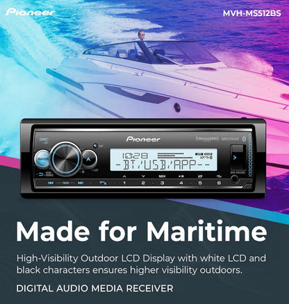 Pioneer MVH-MS512BS Marine Car Stereo with Bluetooth, USB, AM/FM Radio
Marine Digital Media Receiver, SiriusXM, Color Change, White Display for Outdoor, Hi-Volt RCA, iPhone/Android Compatible