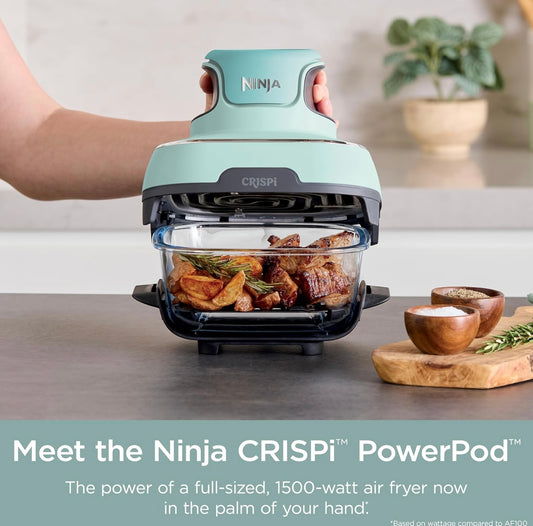 Ninja Crispi 4-in-1 draagbare glaslugbraaistelsel, 4 QT en 6 koppies glashouers met stoordeksel – Mint, FN101MT
