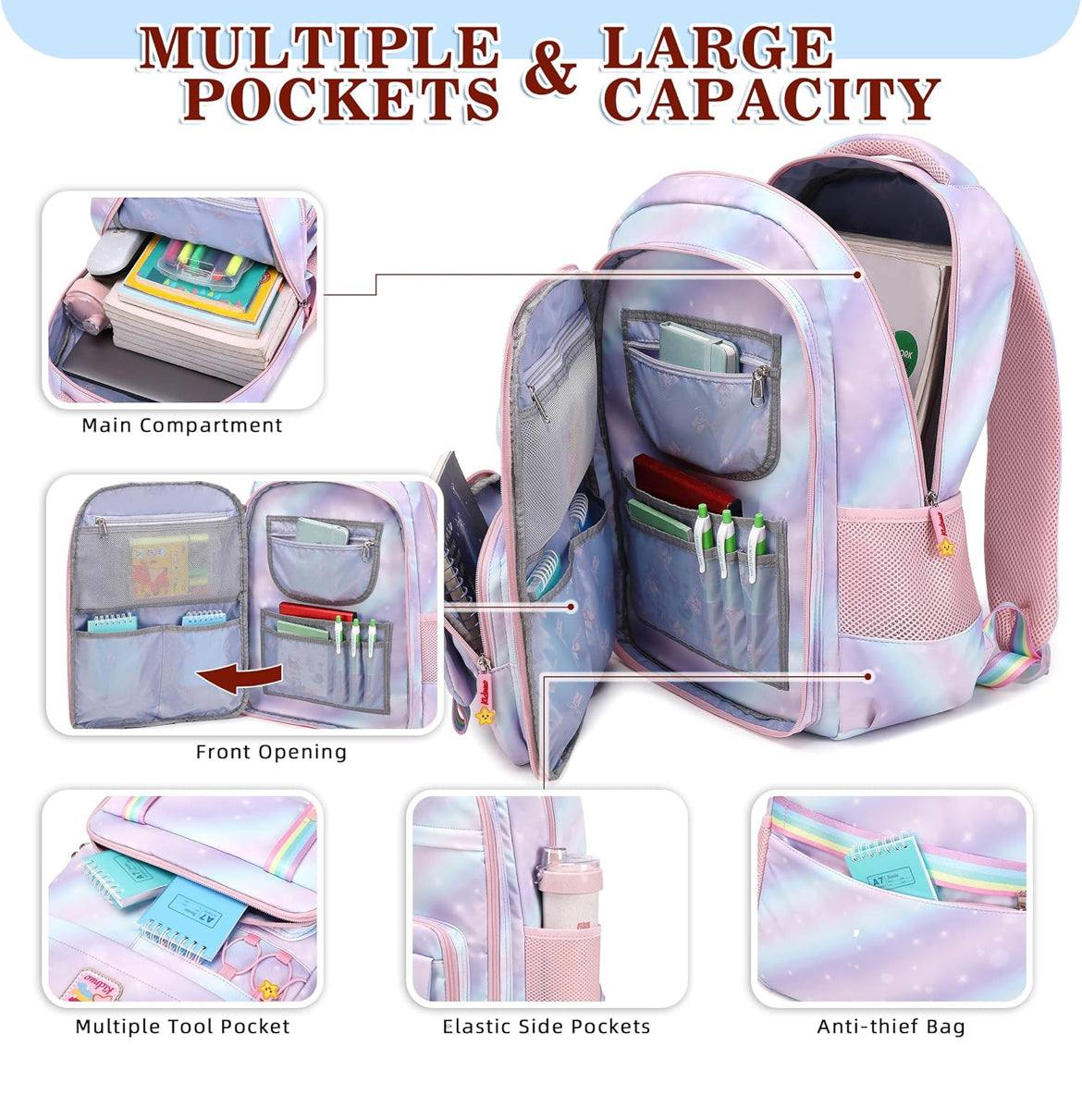 Girls Backpack 15.6 Inch Laptop School Bag Cute Kids Kindergarten Elementary Backpacks Middle Schoolbag Large Bookbags for Women Teens Students Anti Theft Travel Daypack (Purple)