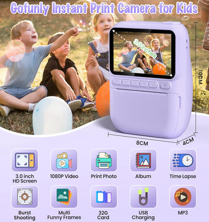 Kitsdrukamera 3.0" HD 32MP Kinders 1080P met 3 Rolletjies Drukpapier 32GB SD-Kaart (Pers)