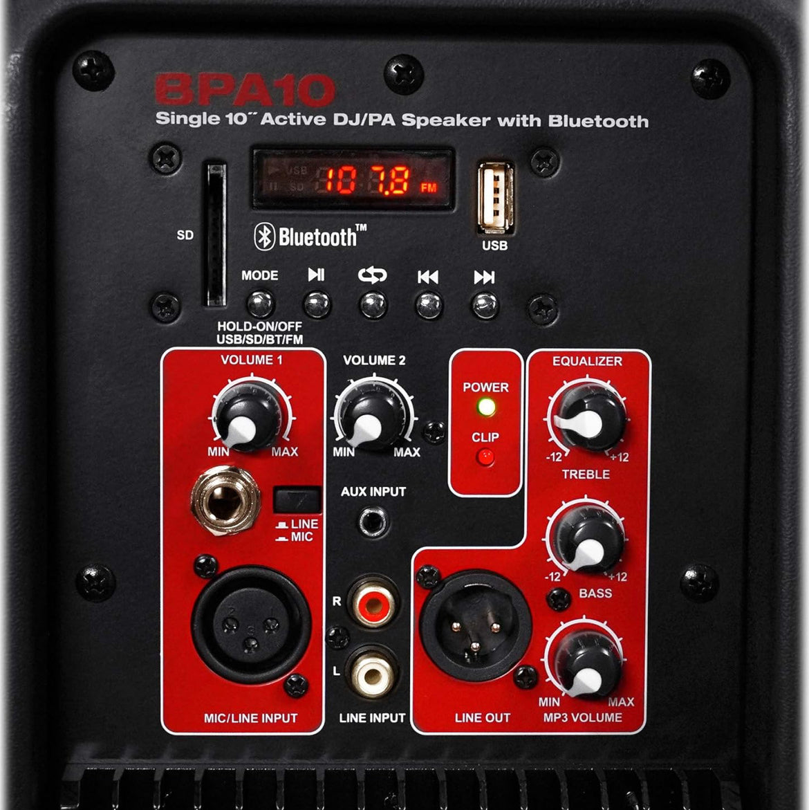 Rockville BPA10 10" 400W Powered PA DJ Speaker with Bluetooth, XLR, 1/4", RCA, 1/8" Inputs, USB/SD Music Player, Deep Bass, Remote Included