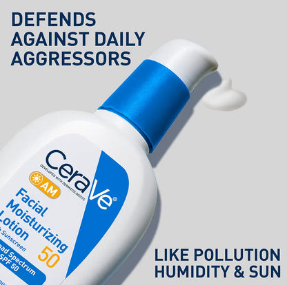 CeraVe AM Gesigsbevogtigende Melk SPF 50 Hialuronzuur, Niasienamied & Seramiede Nie-komedogeniese Sonroom (89 ml)