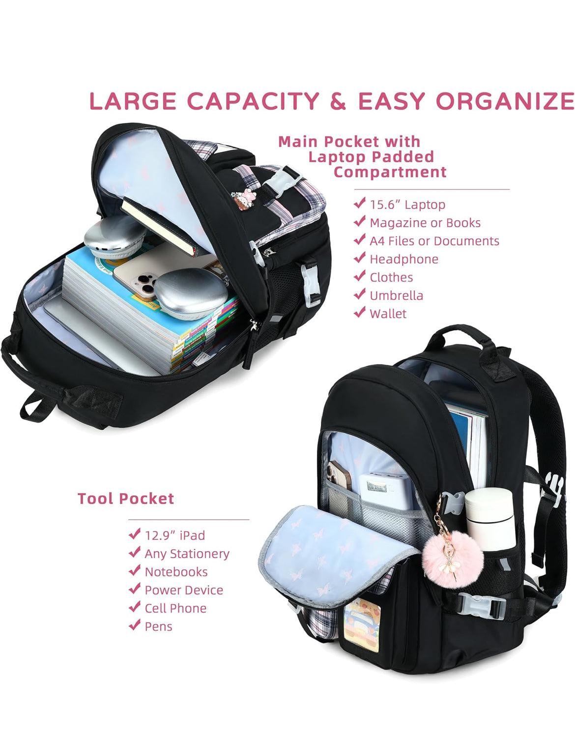 Backpack for Girls, 15.6 Inch Laptop School Bag Kids Kindergarten Elementary College Backpacks Large Bookbags for Teen Girl Women Students Casual Travel Daypacks (Black)