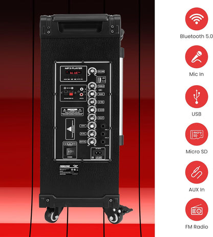 Draagbare 12" Koordlose Bluetooth-luidsprekersisteem - Ingeboude Herlaaibare Battery, Koordlose Mikrofoon, USB/Mikro SD/FM - 80 Watt - FM Radio met Digitale LED-skerm