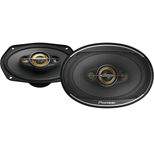Pioneer TS-A6971F, 4-rigting koaksiale motorluidsprekers, volle reeks, helder klankgehalte, maklike installasie en verbeterde basweergawe, swart en goudkleurige 6” x 9” ovaal luidsprekers
