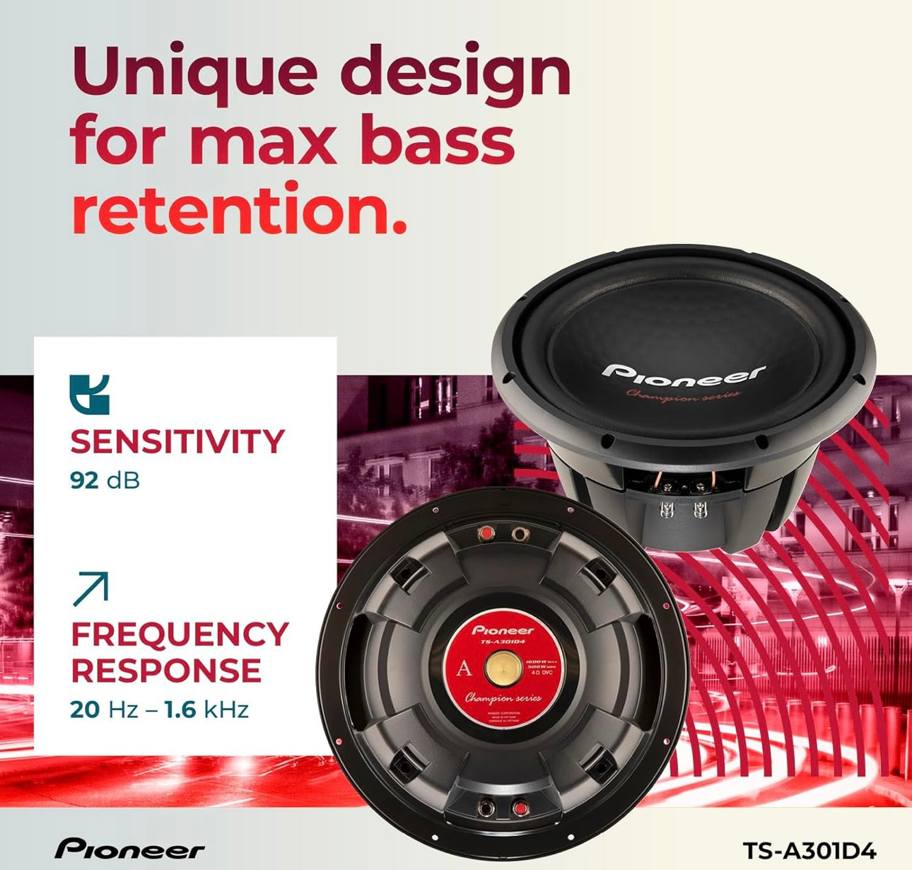 Pioneer TS-A301D4 - Kragtige 12-duim Subwoofer, 1600 Watt Piekvermoë, Dubbele 4 Ohm Spreekspoel vir Kragtige Bas