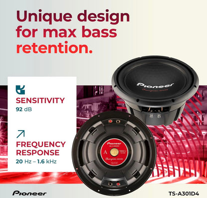 Pioneer TS-A301D4 - Kragtige 12-duim Subwoofer, 1600 Watt Piekvermoë, Dubbele 4 Ohm Spreekspoel vir Kragtige Bas